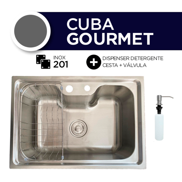 Cuba Gourmet Aço Inox + Dosador Detergente + Cesto + Válvula 60x42cm Prateada - Image 3